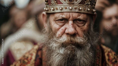 An elderly king with a majestic crown stares intensely during a historical reenactment in a vibrant festival setting