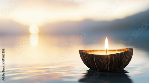   Candle floating on water with sunset reflection