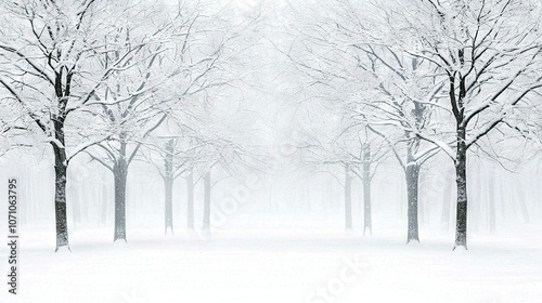  A cluster of trees shrouded in snow abuts a dense woodland brimming with numerous trees cloaked in snow, all on a misty day