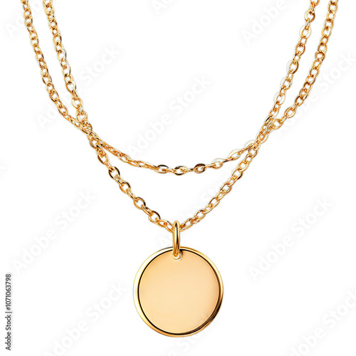 Layered gold chains with pendant. Isolated white background. PNG format