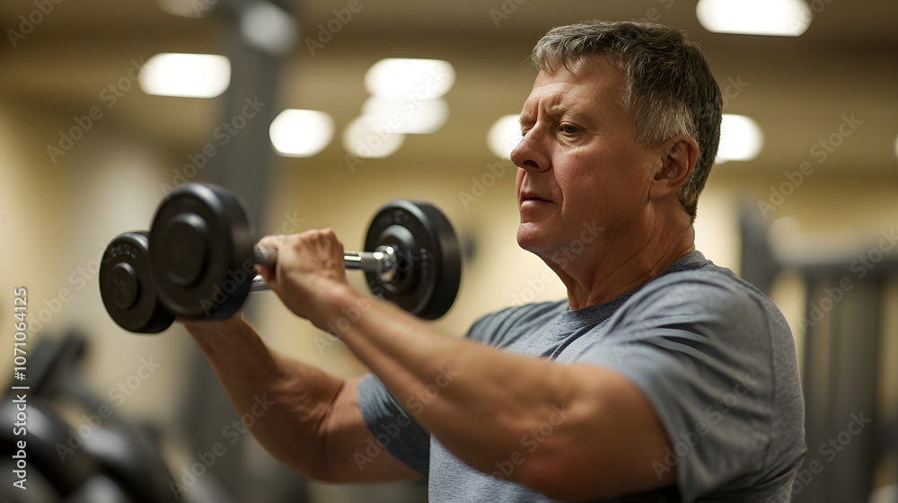 A mature man lifting weights in a gym, staying strong and healthy in his golden years A mature man lifting weights in a gym, staying strong and healthy in his golden years