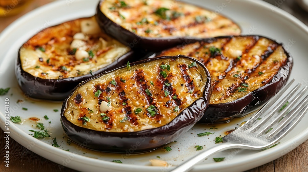 Deliciously grilled eggplant with garlic and olive oil served on a wooden table with a fork for a delightful meal Deliciously grilled eggplant with garlic and olive oil served on a wooden table with a fork for a delightful meal