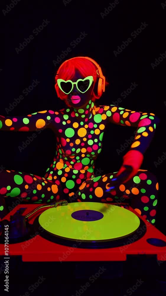 Female dancer in glow UV costume in vertical Female dancer in glow UV costume in vertical