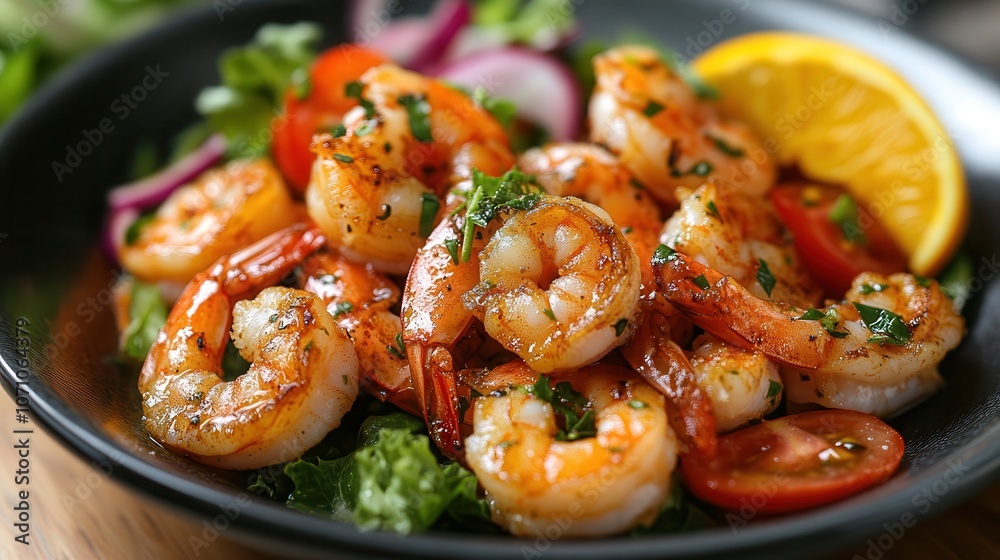 Delicious orange sauce glazed shrimp served with fresh mock crab salad and vibrant vegetables on a black plate during a summer gathering Delicious orange sauce glazed shrimp served with fresh mock crab salad and vibrant vegetables on a black plate during a summer gathering