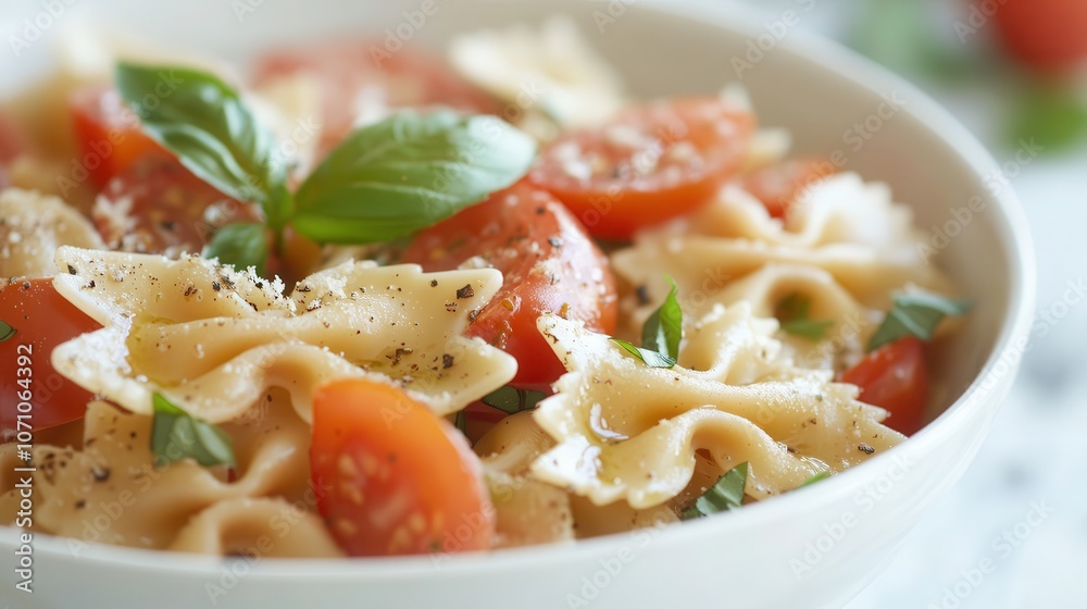 Delicious bow tie pasta with asparagus, tomatoes, and a vibrant olive oil sauce garnished with fresh basil in a white bowl Delicious bow tie pasta with asparagus, tomatoes, and a vibrant olive oil sauce garnished with fresh basil in a white bowl