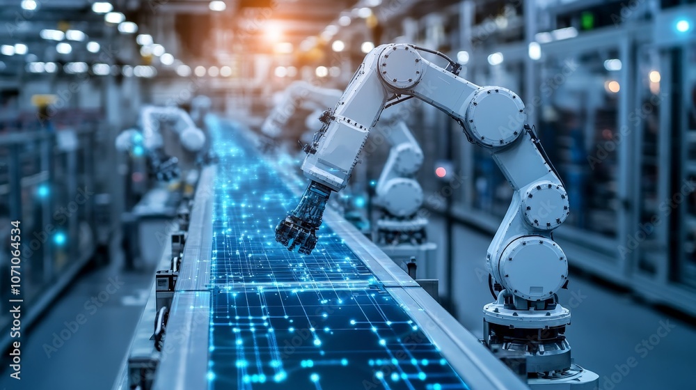 Fototapeta premium Robotic arms assembling smartphones in a high-tech factory setting