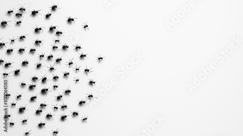 A group of black ants crawling on a white surface.