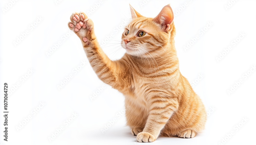 Fototapeta premium Ginger cat joyfully performs a high-five gesture with its paw against a simple background