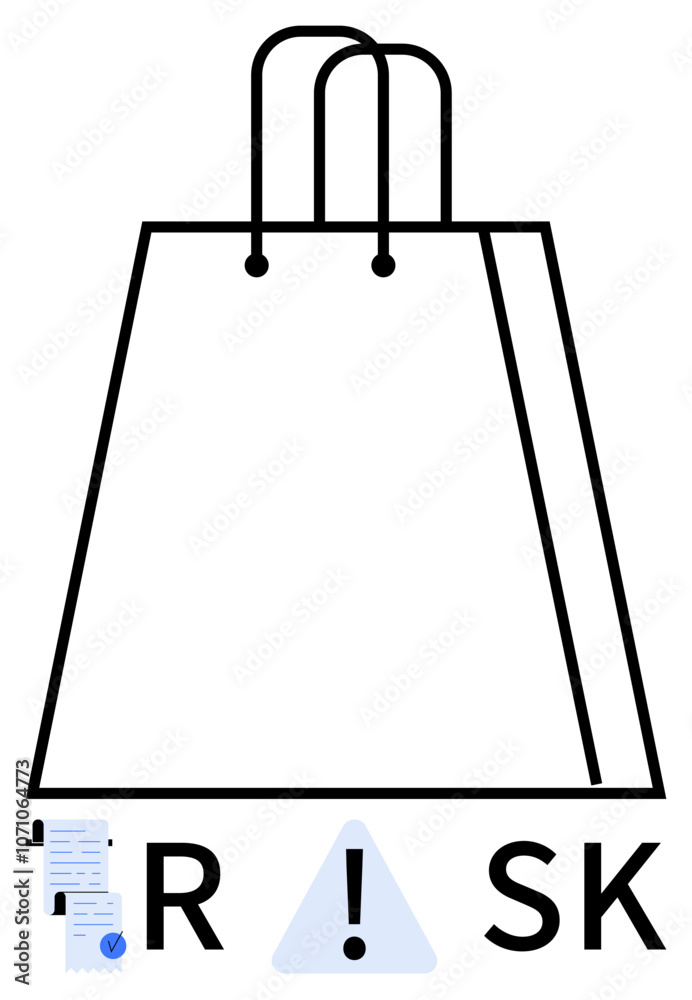 Shopping bag with letters R SK and exclamation mark inside triangle. Documents with checkmarks on left and right. Ideal for business, finance, safety, online shopping, compliance, insurance Shopping bag with letters R SK and exclamation mark inside triangle. Documents with checkmarks on left and right. Ideal for business, finance, safety, online shopping, compliance, insurance