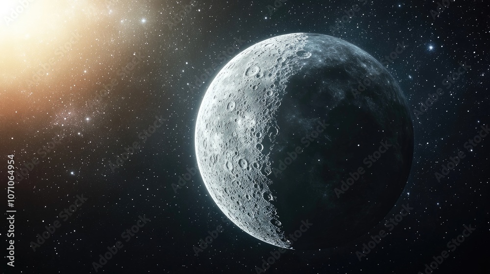 Fototapeta premium A half-lit moon with craters and a starry background, illuminated by the sun.