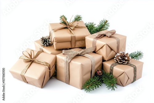 A festive display of neatly wrapped brown paper Christmas gifts with pine branches