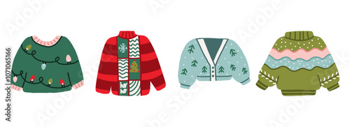 Set of Christmas Ugly Sweater Party. Cute Hand Drawn Sweaters. Knitted Winter Xmas Pullover