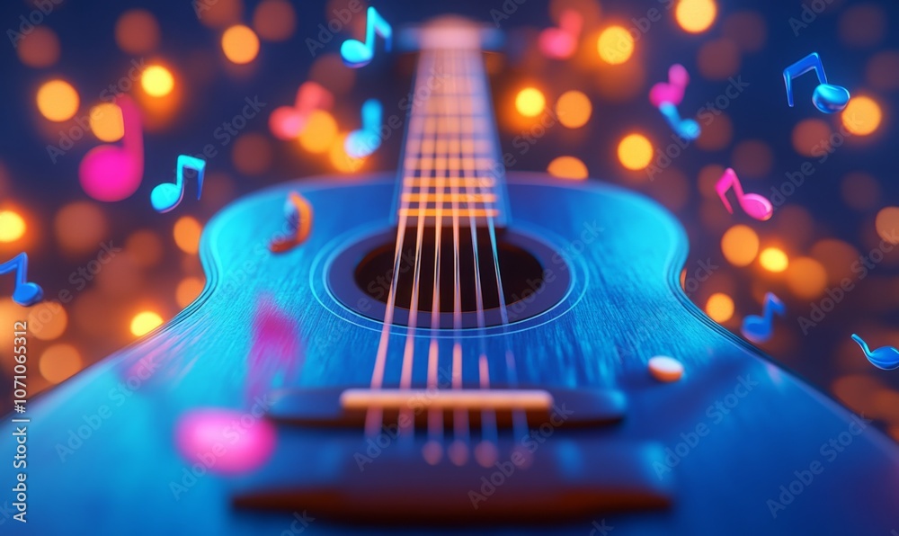 Naklejka premium 3D cartoon guitar with musical notes floating around, representing music and entertainment