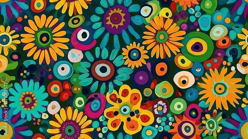   A stunning painting depicts an array of vibrant blossoms on a turquoise canvas, with intricate circles and spots beneath