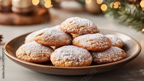 Plate of cookies dusted with powdered sugar on a festive table.