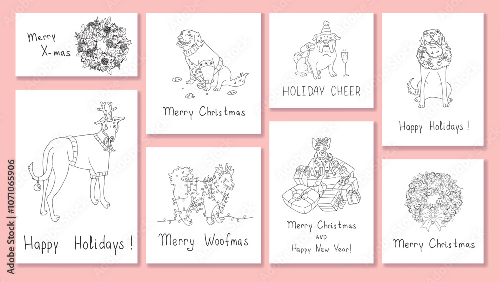 vector set of cards with line drawn funny dogs with Christmas accessories vector set of cards with line drawn funny dogs with Christmas accessories