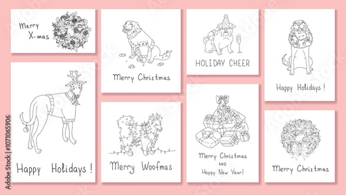 vector set of cards with line drawn funny dogs with Christmas accessories