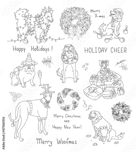 contour vector set of drawn funny dogs with Christmas accessories