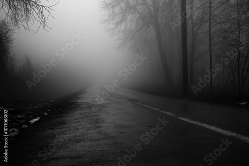 Abandoned Road Through Fog: A long, empty road disappearing into thick fog