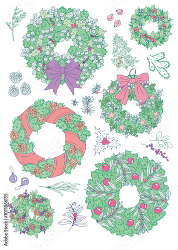 cute colored vector set of drawn christmas wreaths