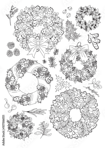 contour vector set of drawn Christmas wreaths