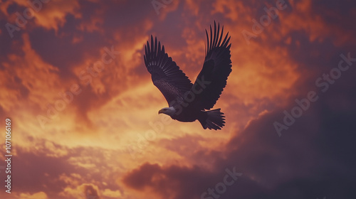 Silhouette of an eagle soaring against a vibrant sunset sky.