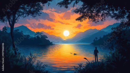 Fisherman by a Vibrant Lake at Sunset