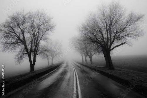 Abandoned Road Through Fog: A long, empty road disappearing into thick fog