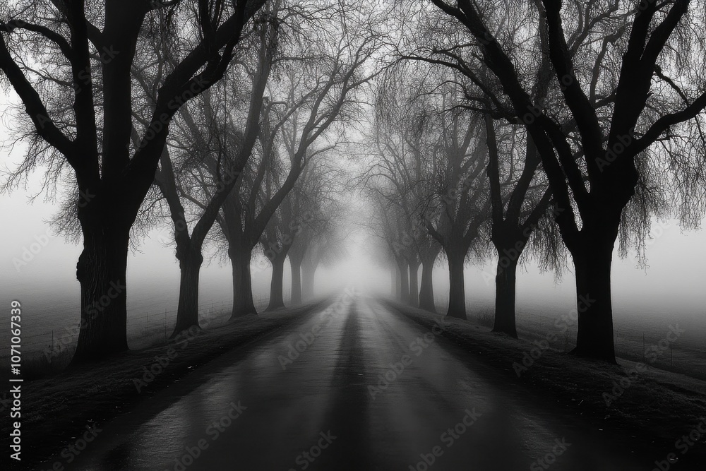 Obraz premium Abandoned Road Through Fog: A long, empty road disappearing into thick fog
