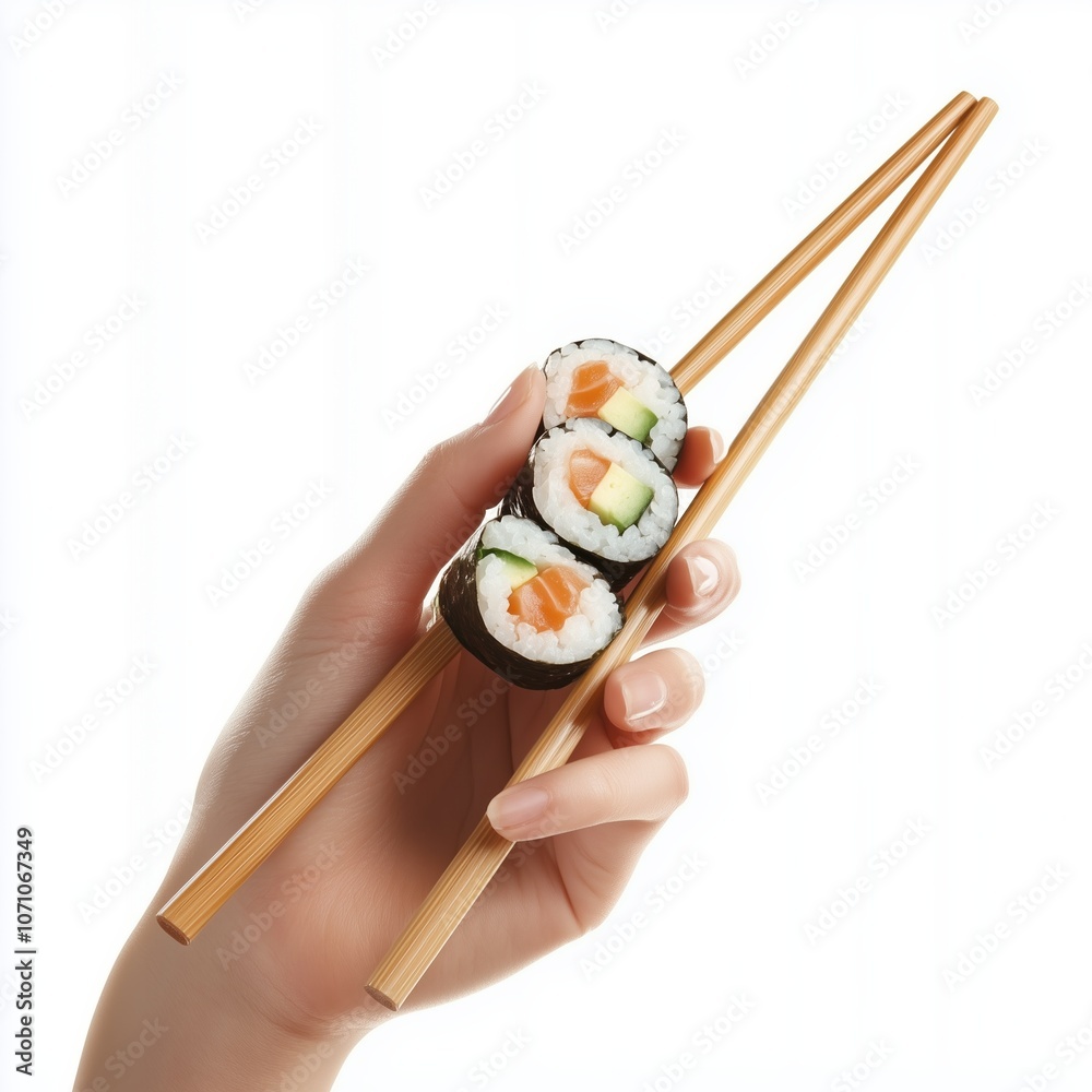 A hand skillfully holds chopsticks with delicious sushi ready to be enjoyed A hand skillfully holds chopsticks with delicious sushi ready to be enjoyed