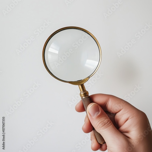 A hand carefully holding a vintage magnifying glass against a plain background photo