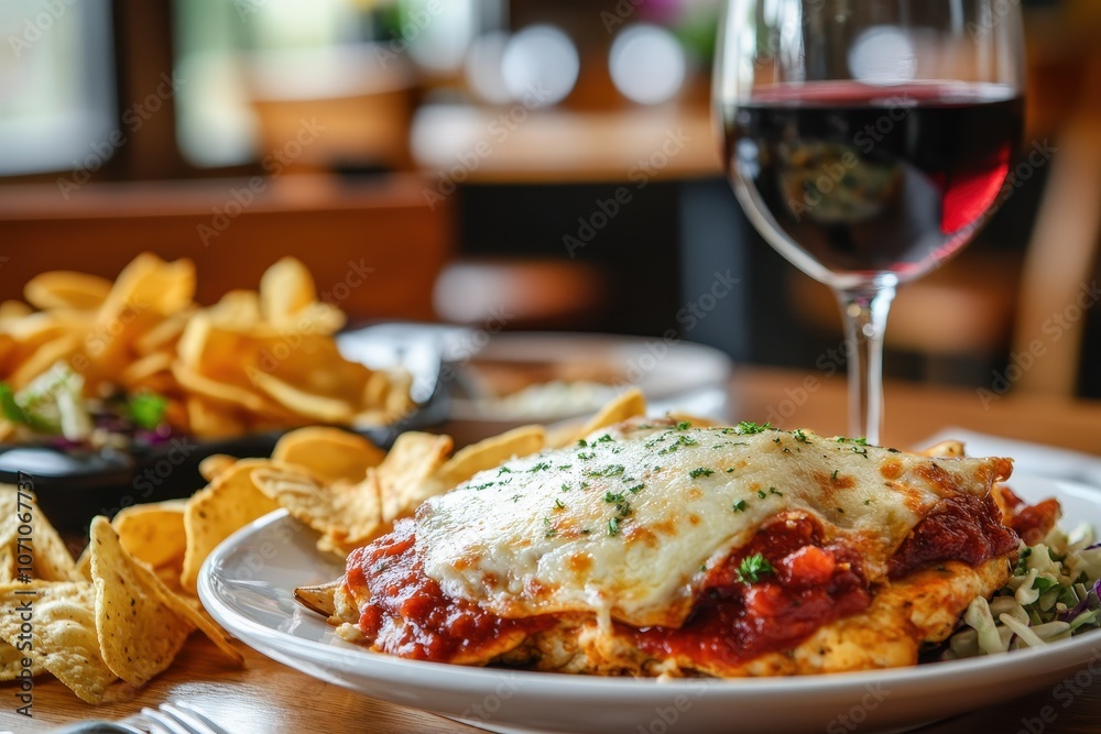 A table featuring a Mexican chicken parmigiana meal with chips and coleslaw accompanied by a glass of red wine and chairs in the background A table featuring a Mexican chicken parmigiana meal with chips and coleslaw accompanied by a glass of red wine and chairs in the background