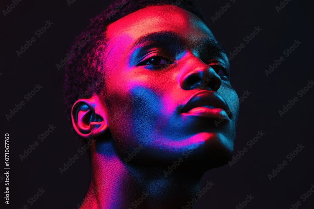 A vibrant synth wave portrait of a joyful serious young African male model in neon lights against a dark backdrop showcasing high fashion A vibrant synth wave portrait of a joyful serious young African male model in neon lights against a dark backdrop showcasing high fashion