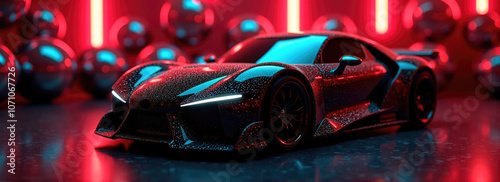 A sleek sports car shines under neon lights, showcasing its intricate design and shimmering surface in a futuristic urban setting