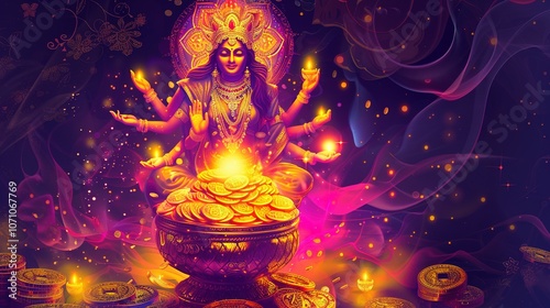 Goddess Lakshmi Sitting on a Pile of Gold Coins with a Halo of Light