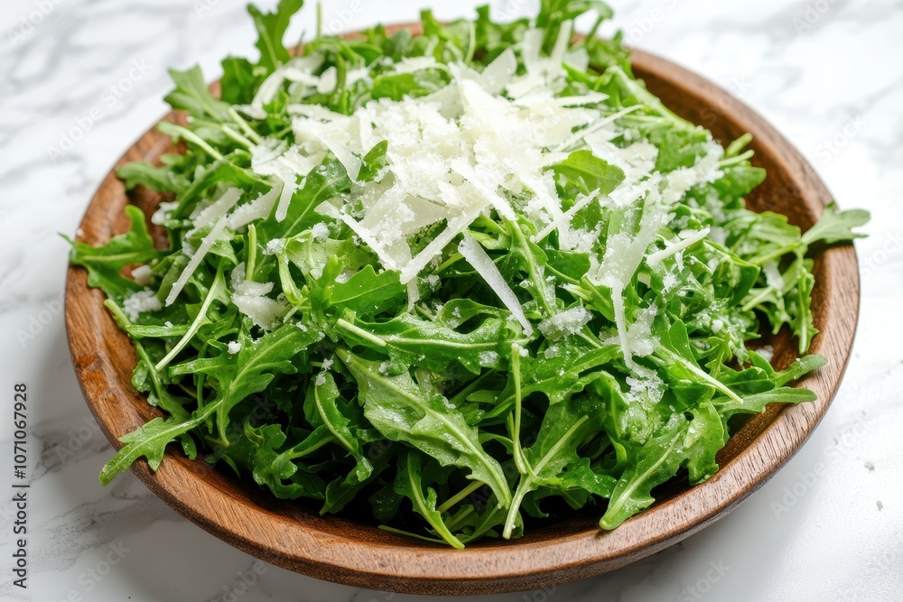 Aerial shot of a rustic arugula and parmesan salad on a wooden plate against a marble backdrop Aerial shot of a rustic arugula and parmesan salad on a wooden plate against a marble backdrop