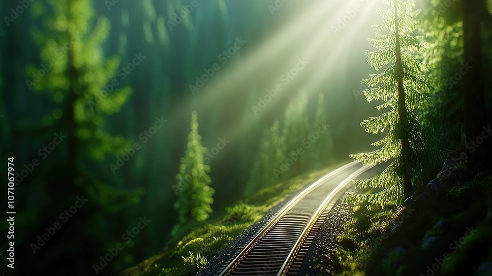 Obraz premium A train track surrounded by trees, with sunlight filtering through