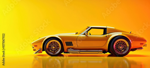 A stunning yellow sports car gleams against a vibrant orange backdrop, showcasing sleek lines and exquisite craftsmanship