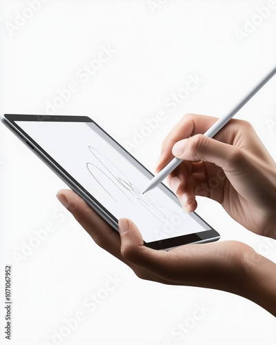 A person sketches on a tablet with a stylus while sitting at a desk during the day