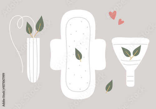 Women's eco-friendly natural hygiene products. Eco tampon, menstrual cup and pad. Pad, Menstrual Cup, Tampon and Blood heart. Period days. Feminine hygiene products. Menstrual cycle