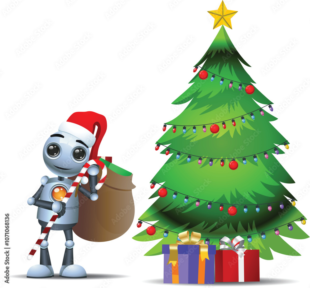 3D illustration of a little robot worker stand besides Christmas tree on isolated white background