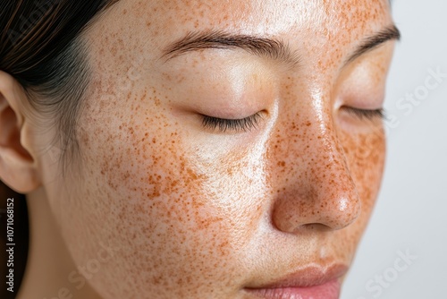 An Asian woman is treating melasma on her face with cream photo