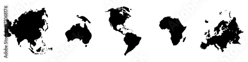  continents of Asia, Africa, America, Europe, Australia, symbols, illustrations, collection of editable continent images