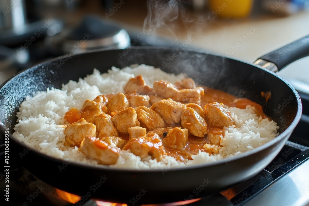 Asian Orange Chicken served in a skillet with soft white rice Asian Orange Chicken served in a skillet with soft white rice