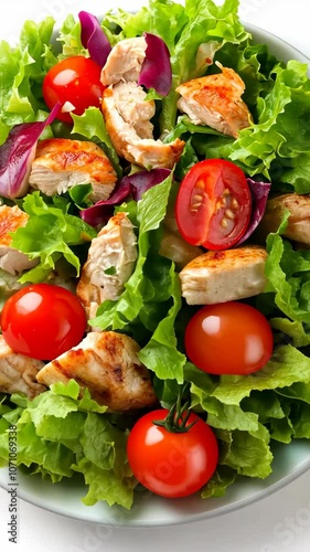 A fresh salad with grilled chicken and cherry tomatoes, perfect for a light lunch