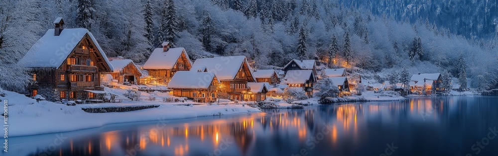 Fototapeta premium Winter Snow-covered Village at Night with Warm Glowing Lights