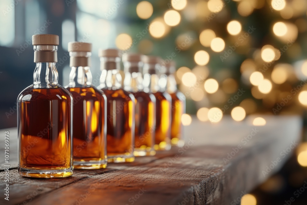 Bottles of whiskey arranged on a bar with a blurry light backdrop Bottles of whiskey arranged on a bar with a blurry light backdrop