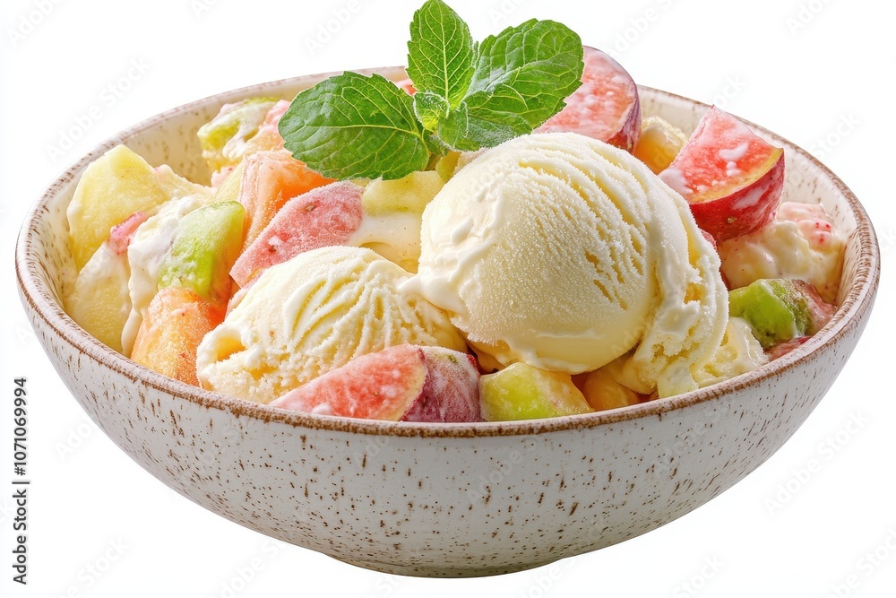 Bowl of fruit salad topped with vanilla ice cream on white background Bowl of fruit salad topped with vanilla ice cream on white background