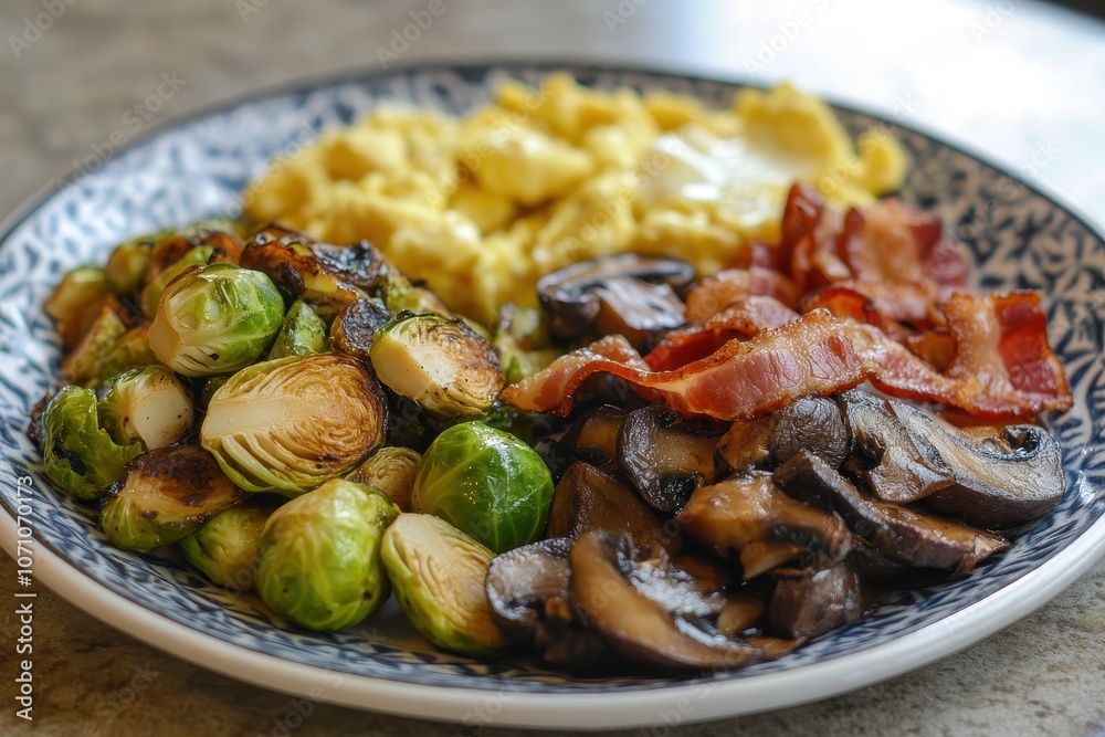 Brussels sprouts served with portobellos mushrooms bacon and scrambled eggs Brussels sprouts served with portobellos mushrooms bacon and scrambled eggs