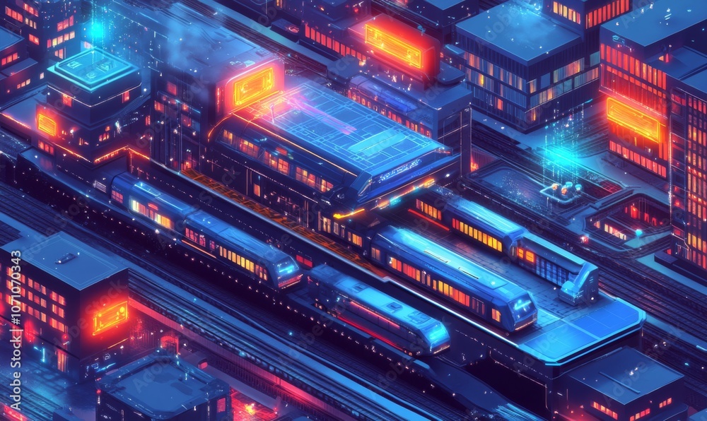 Fototapeta premium Isometric futuristic electric train station floating in mid-air, with trains hovering above tracks, high-tech and imaginative